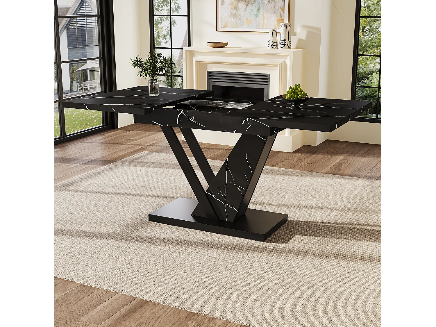 Table à manger extensible - 120/160 x 75 x 75.5cm - MDF+Metal, avec motif en marbre - noir