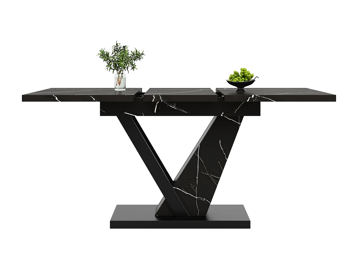 Table à manger extensible - 120/160 x 75 x 75.5cm - MDF+Metal, avec motif en marbre - noir