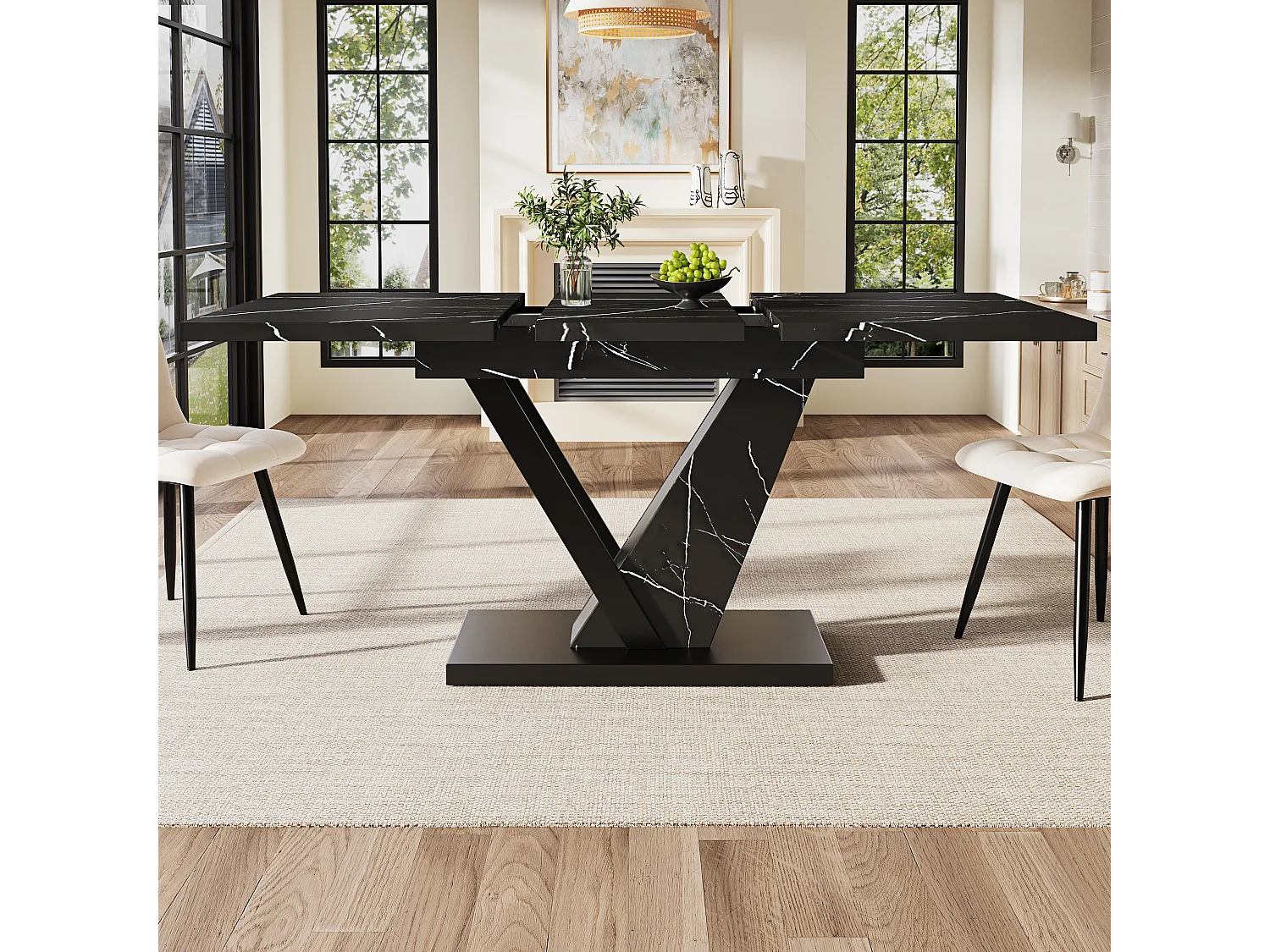 Table à manger extensible - 120/160 x 75 x 75.5cm - MDF+Metal, avec motif en marbre - noir