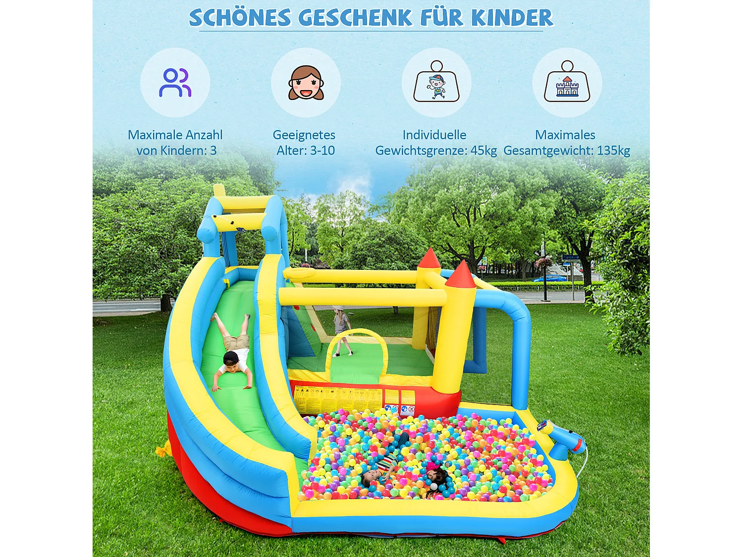 Château gonflable 5 en 1 pour enfants - 364 x 315 x 239cm - en oxford - avec souffleur - bleu
