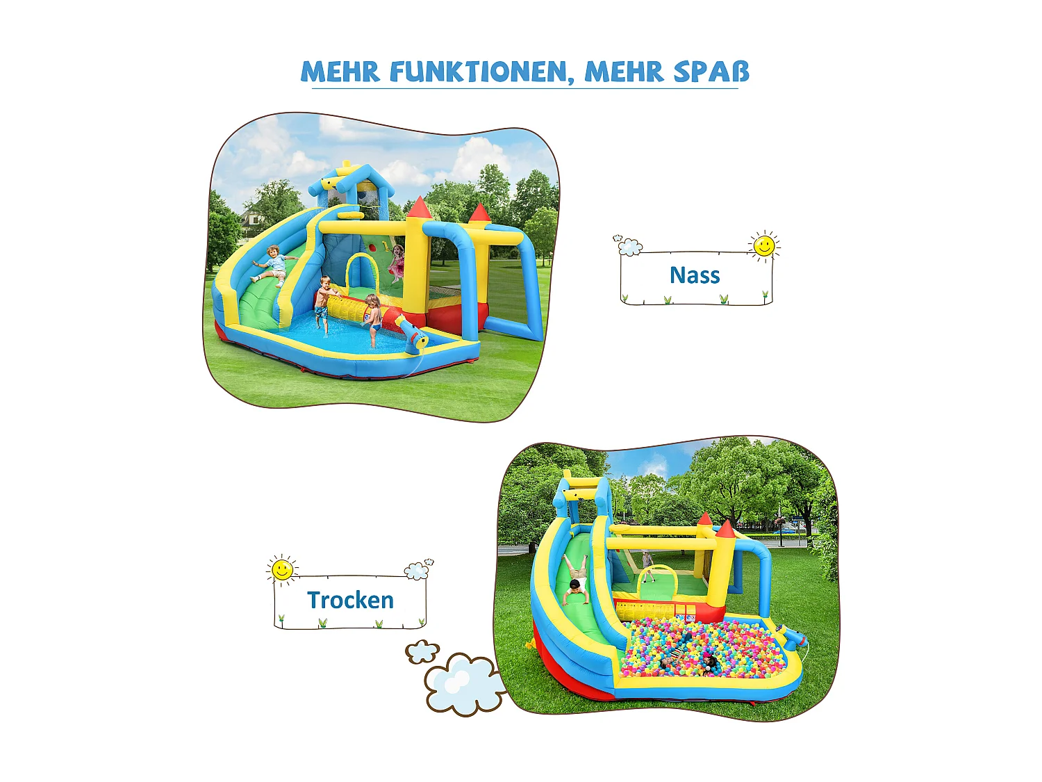 Château gonflable 5 en 1 pour enfants - 364 x 315 x 239cm - en oxford - avec souffleur - bleu