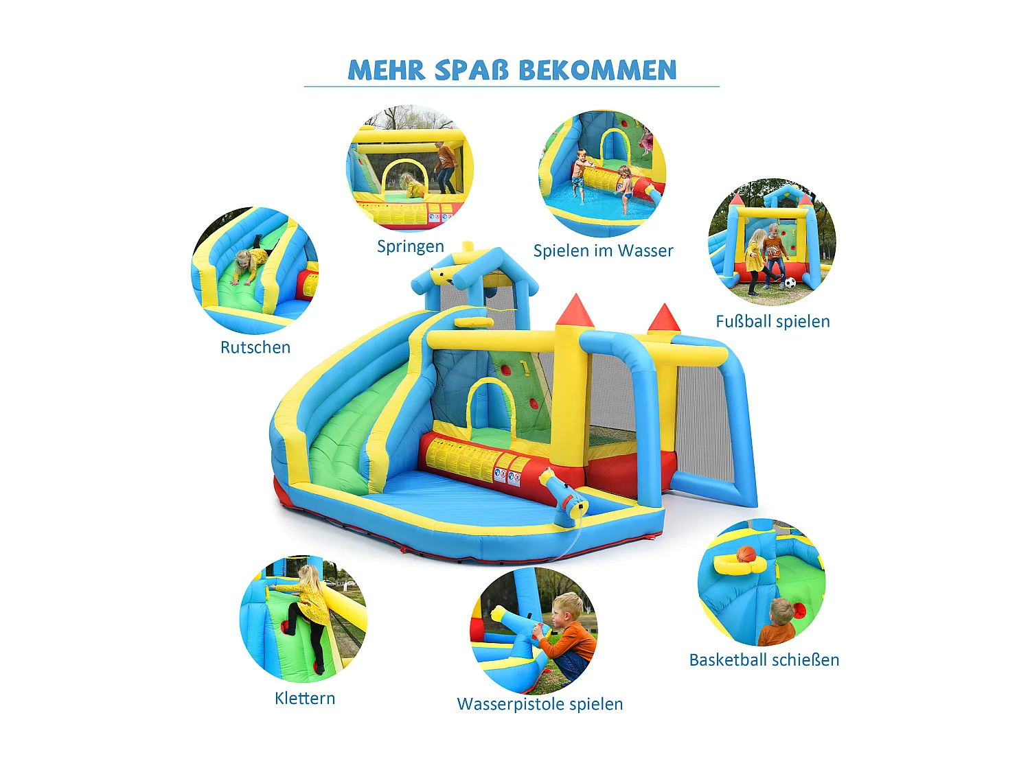 Château gonflable 5 en 1 pour enfants - 364 x 315 x 239cm - en oxford - avec souffleur - bleu