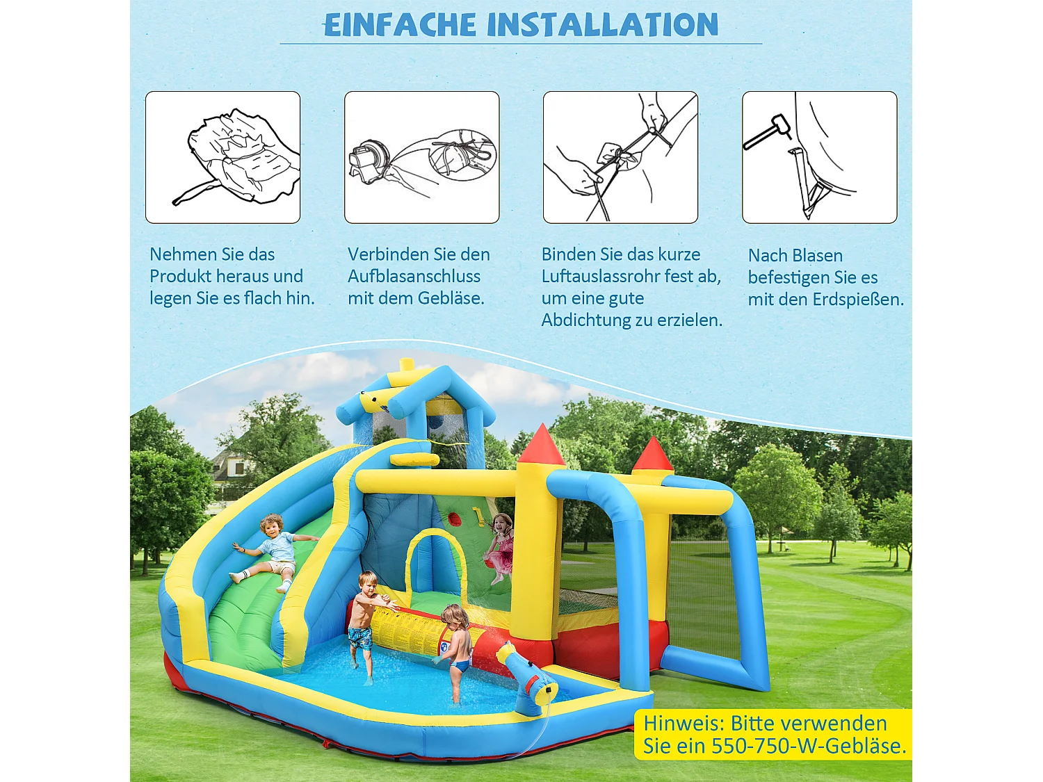 Château gonflable 5 en 1 pour enfants - 364 x 315 x 239cm - en oxford - avec souffleur - bleu