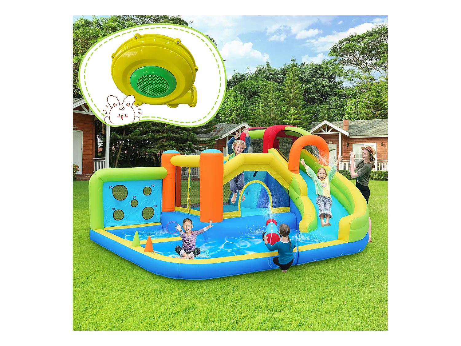 Château gonflable parc aquatique 7 en 1 pour enfants - 410 x 315 x 203cm - en oxford - avec souffleur - bleu