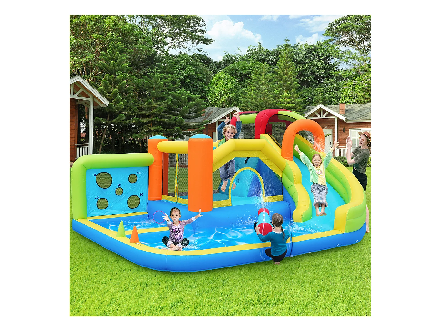 Château gonflable parc aquatique 7 en 1 pour enfants - 410 x 315 x 203cm - en oxford - avec souffleur - bleu
