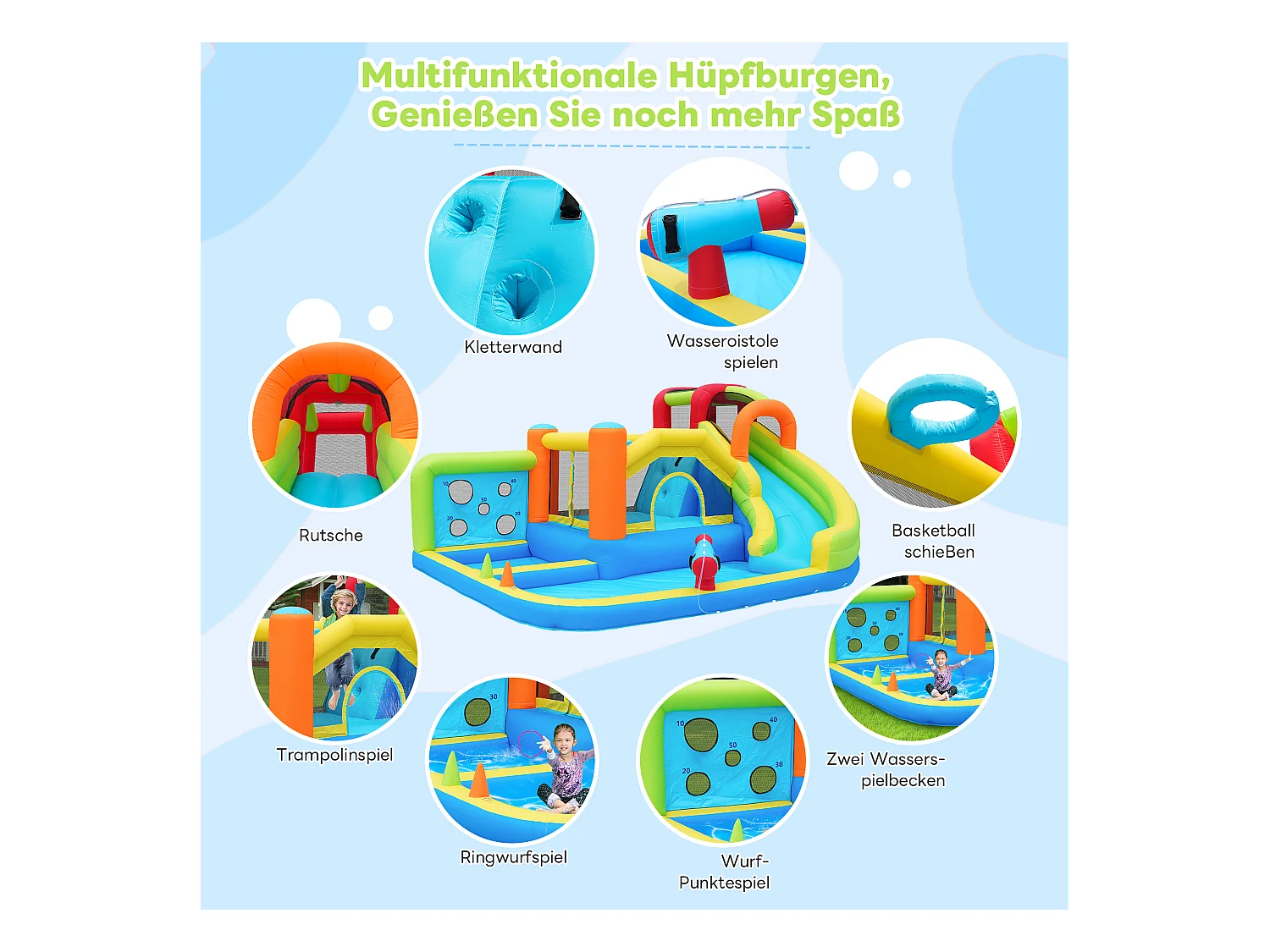 Château gonflable parc aquatique 7 en 1 pour enfants - 410 x 315 x 203cm - en oxford - avec souffleur - bleu