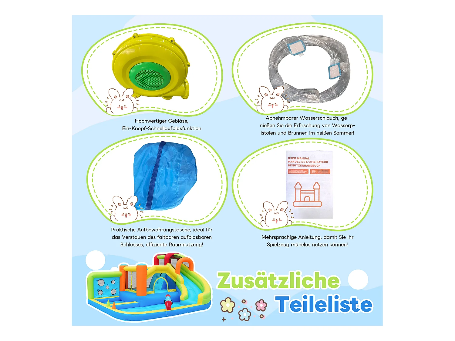 Château gonflable parc aquatique 7 en 1 pour enfants - 410 x 315 x 203cm - en oxford - avec souffleur - bleu