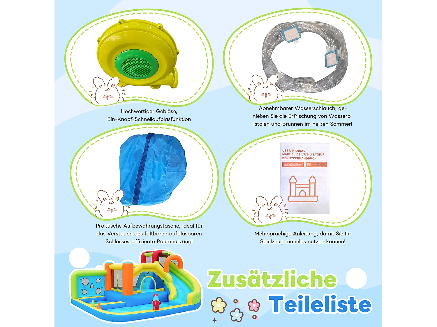 Château gonflable parc aquatique 7 en 1 pour enfants - 410 x 315 x 203cm - en oxford - avec souffleur - bleu