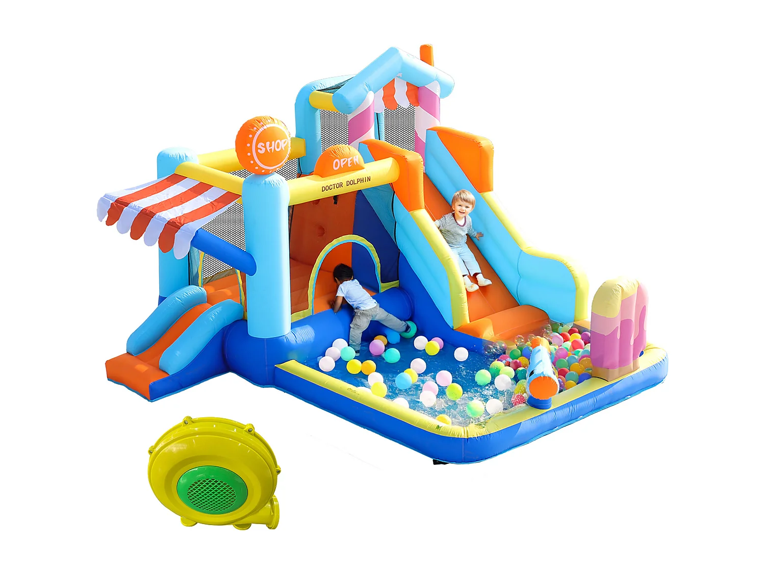 7-in-1 opblaasbaar waterpark voor kinderen - 395 x 340 x 236 cm - Oxford - met blower - Blauw