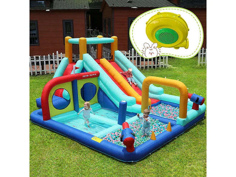 Château gonflable toboggan aquatique double pour enfants - 365 x 450 x 217cm - en oxford - avec souffleur - bleu