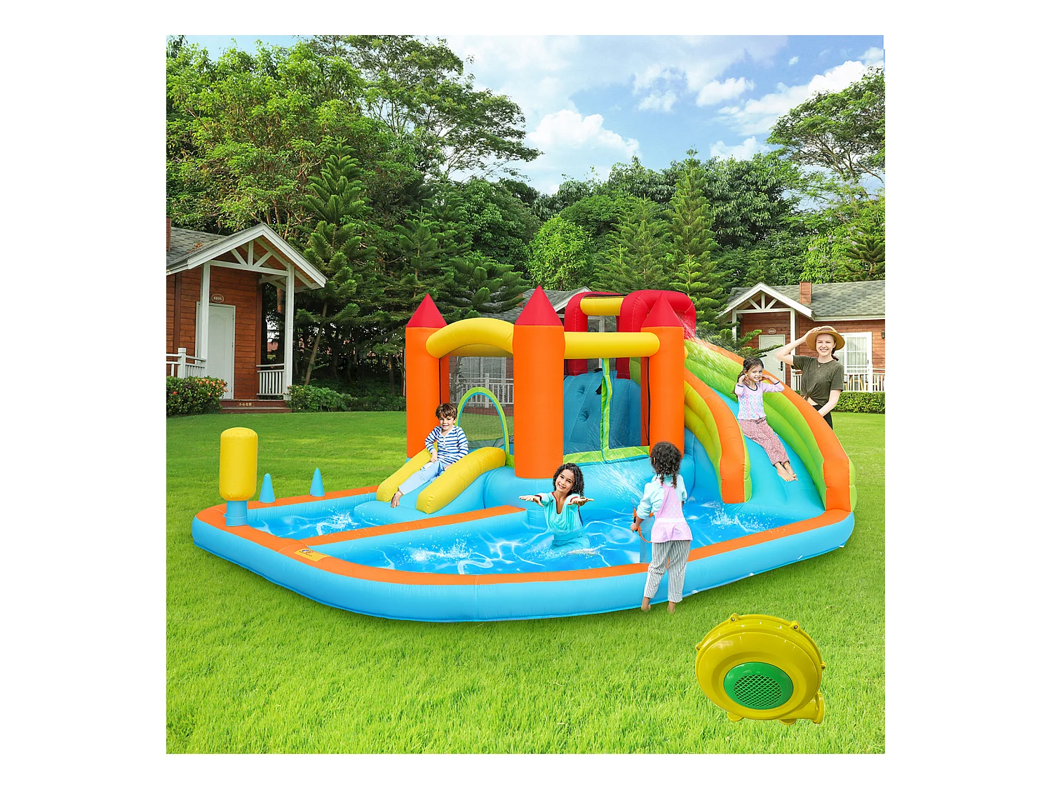 Château gonflable piscine 8 en 1 pour enfants - 460 x 343 x 190cm - en oxford - avec souffleur - orange