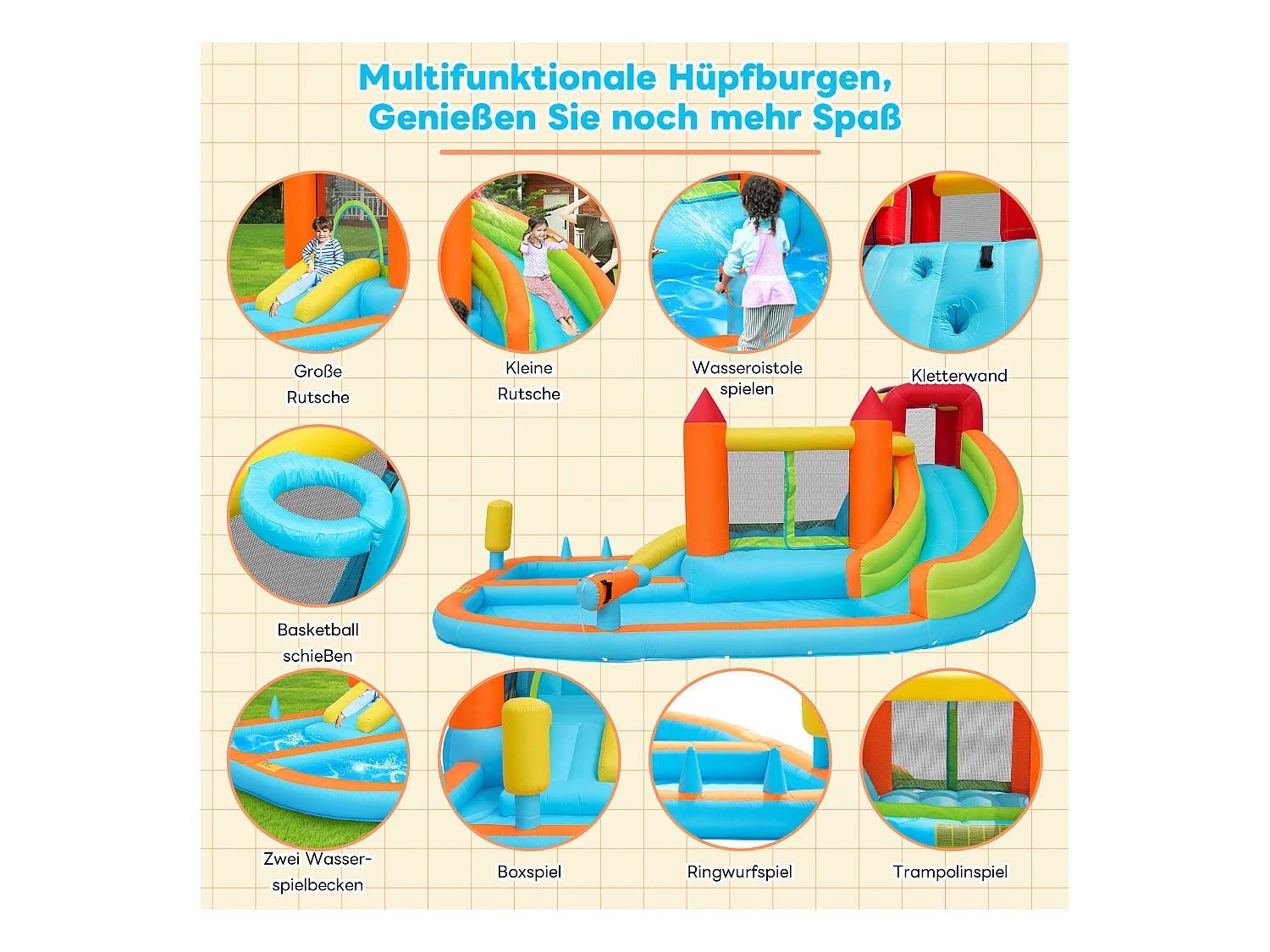 Château gonflable piscine 8 en 1 pour enfants - 460 x 343 x 190cm - en oxford - avec souffleur - orange