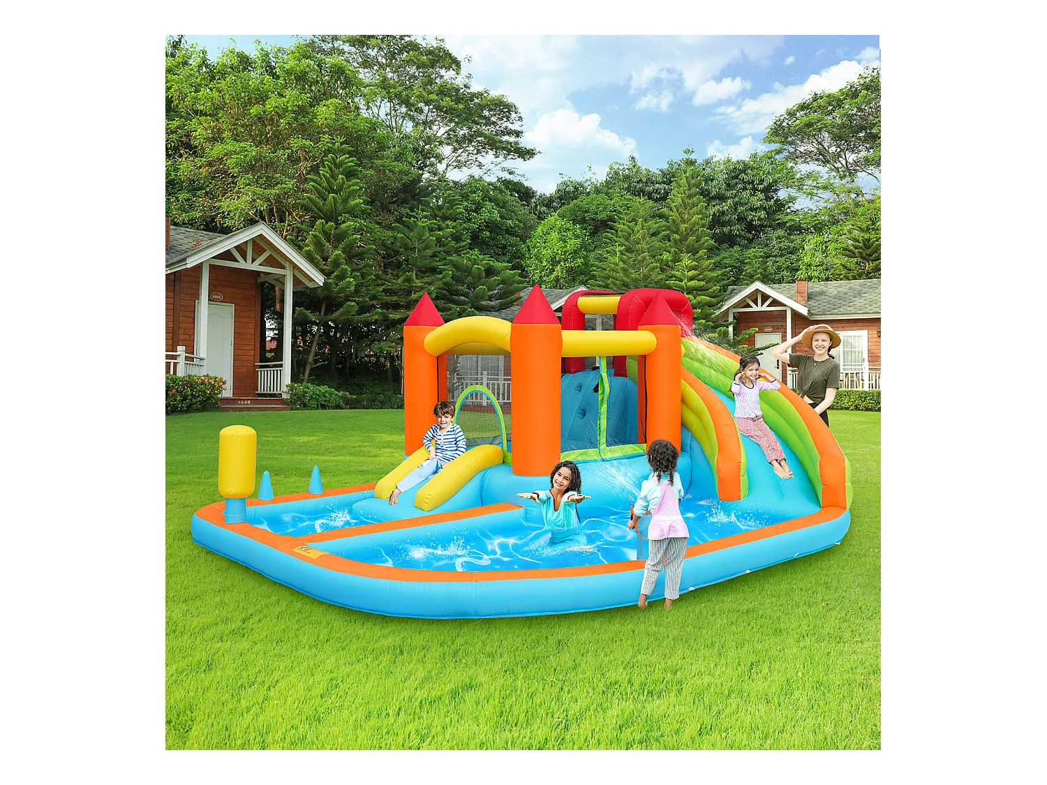 Château gonflable piscine 8 en 1 pour enfants - 460 x 343 x 190cm - en oxford - avec souffleur - orange
