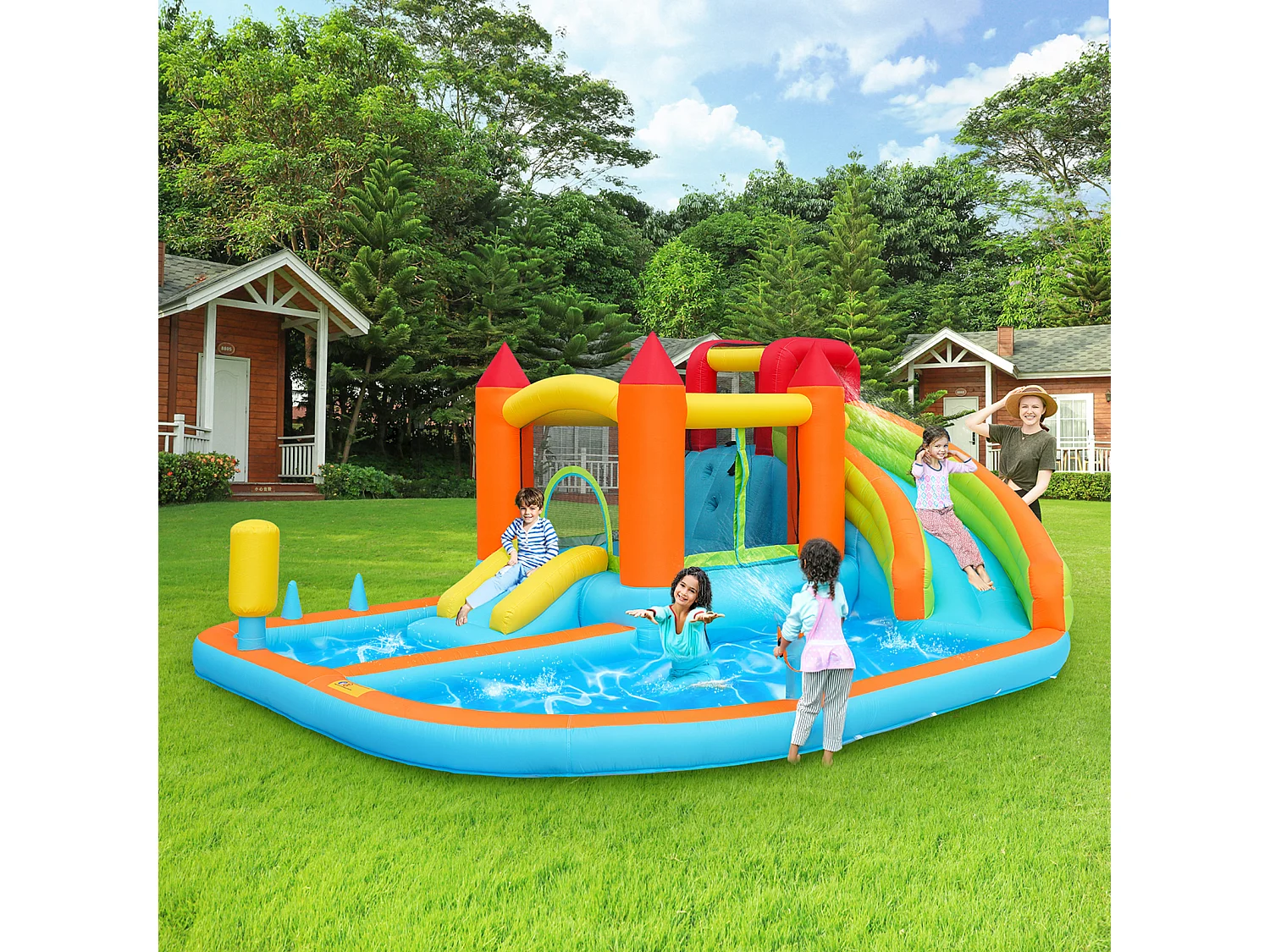 Château gonflable piscine 8 en 1 pour enfants - 460 x 343 x 190cm - en oxford - avec souffleur - orange