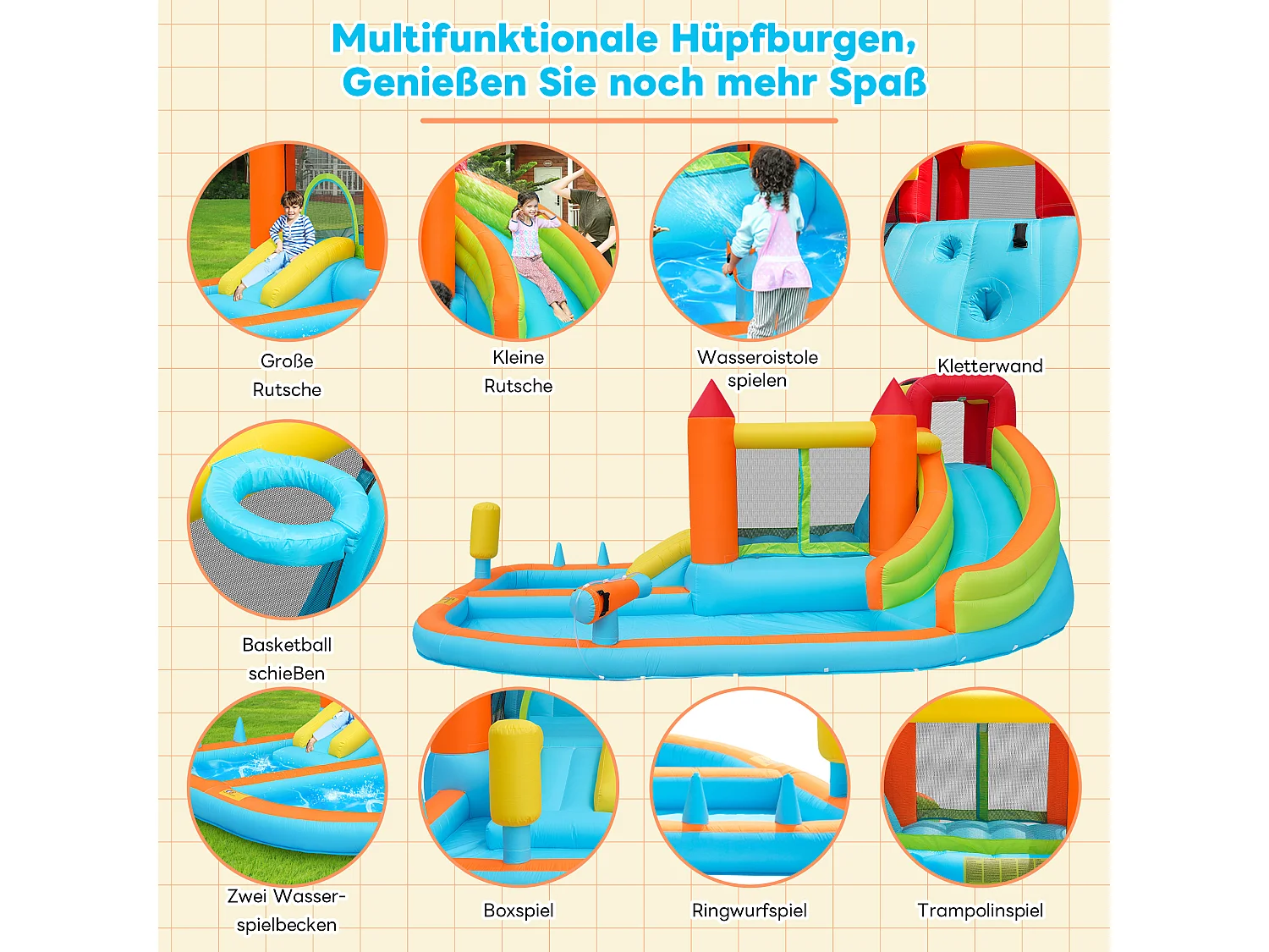 Château gonflable piscine 8 en 1 pour enfants - 460 x 343 x 190cm - en oxford - avec souffleur - orange