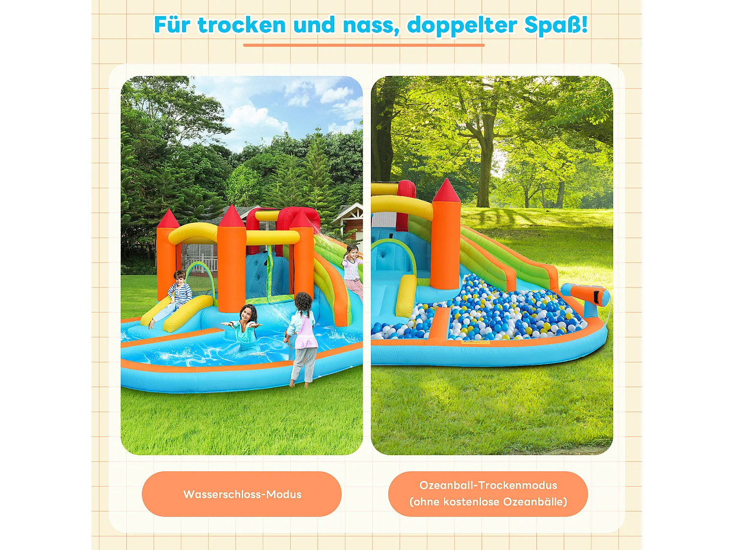 Château gonflable piscine 8 en 1 pour enfants - 460 x 343 x 190cm - en oxford - avec souffleur - orange