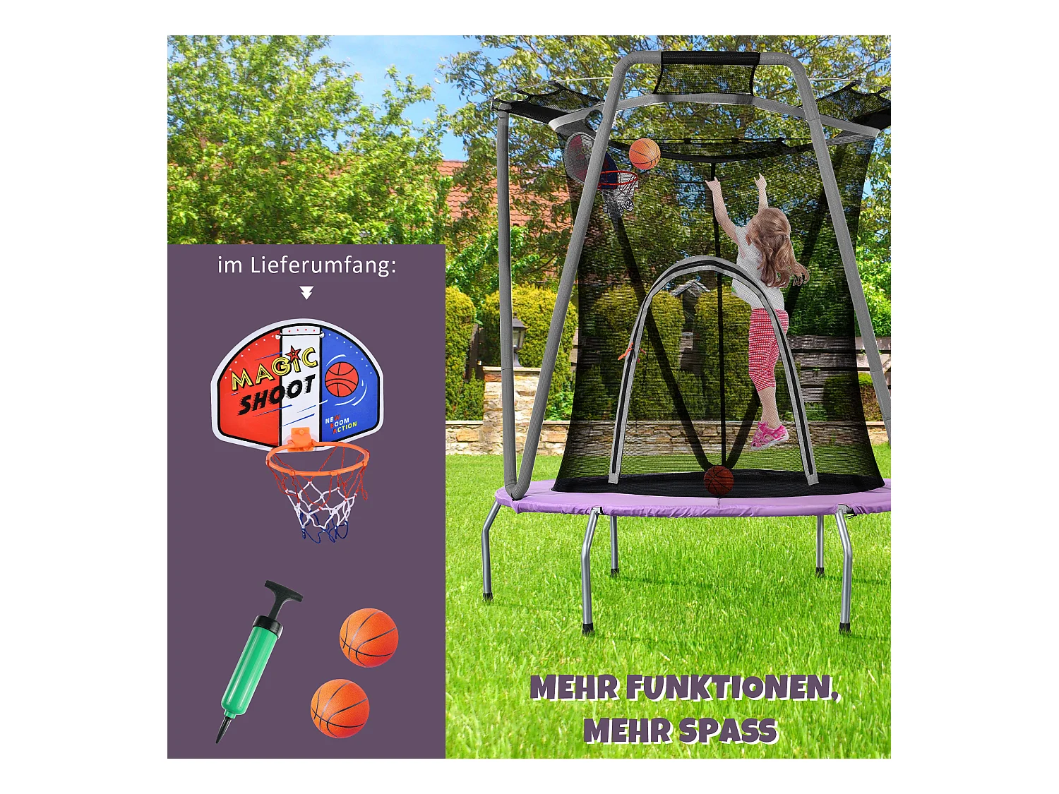 Zestaw trampolin okrągłych dla dzieci - 147 x 147 x 157 - wykonany z u stalowego - do użytku wewnątrz i na zewnątrz - szary