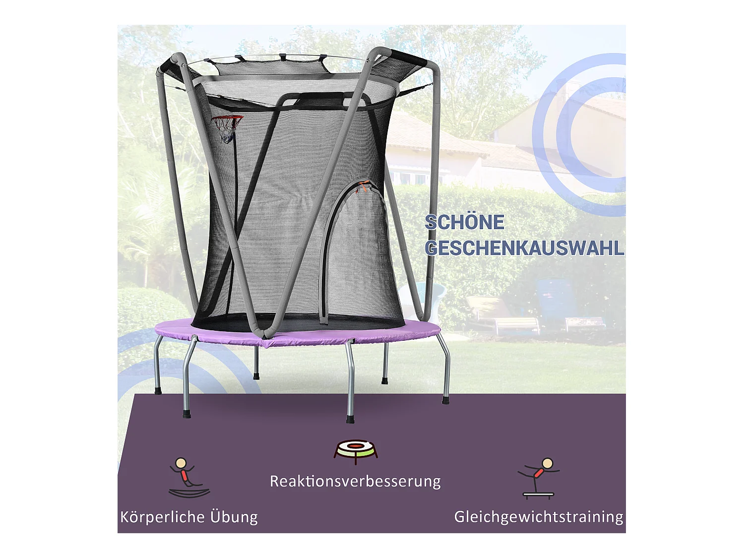 Zestaw trampolin okrągłych dla dzieci - 147 x 147 x 157 - wykonany z u stalowego - do użytku wewnątrz i na zewnątrz - szary