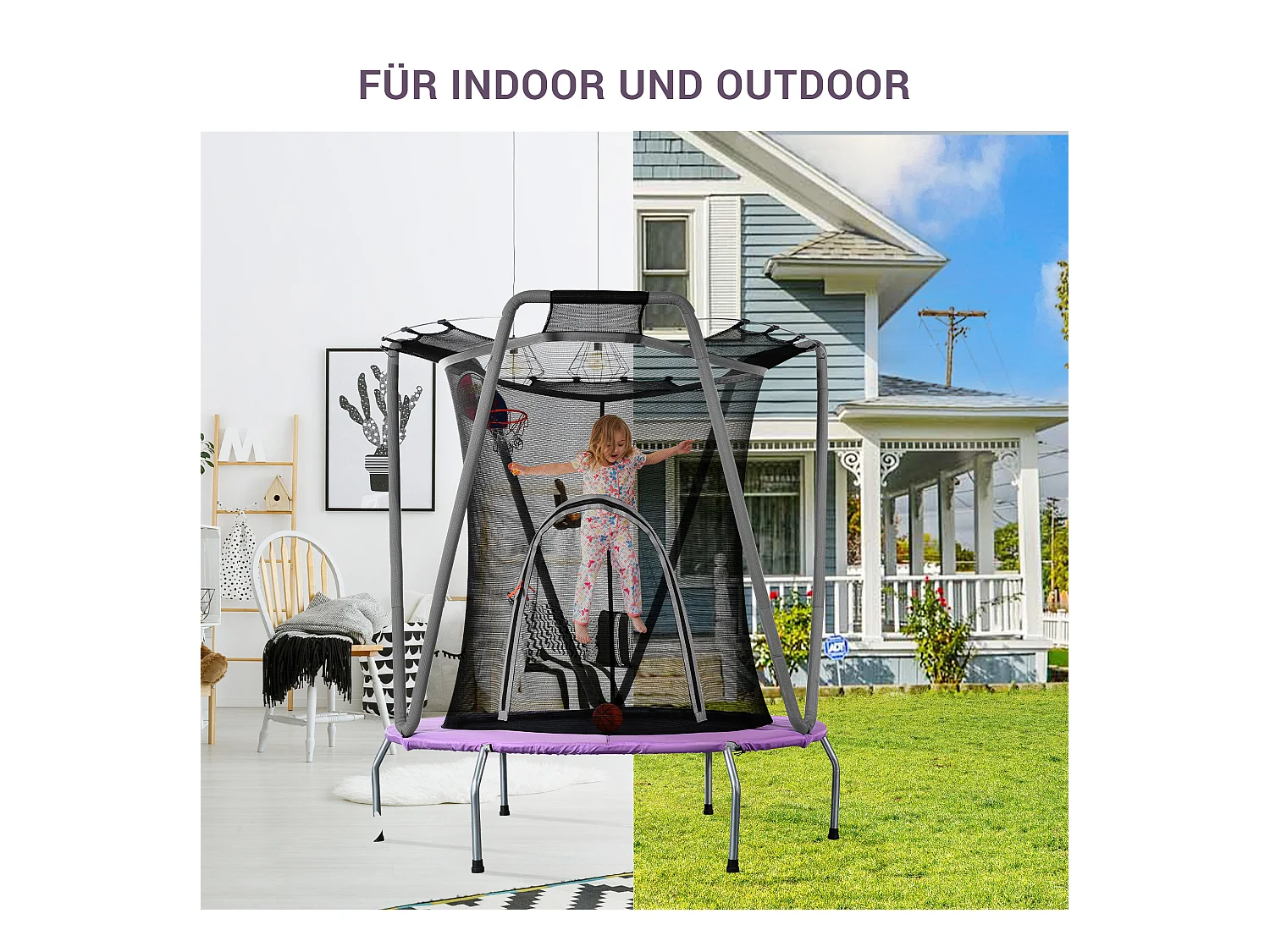 Zestaw trampolin okrągłych dla dzieci - 147 x 147 x 157 - wykonany z u stalowego - do użytku wewnątrz i na zewnątrz - szary