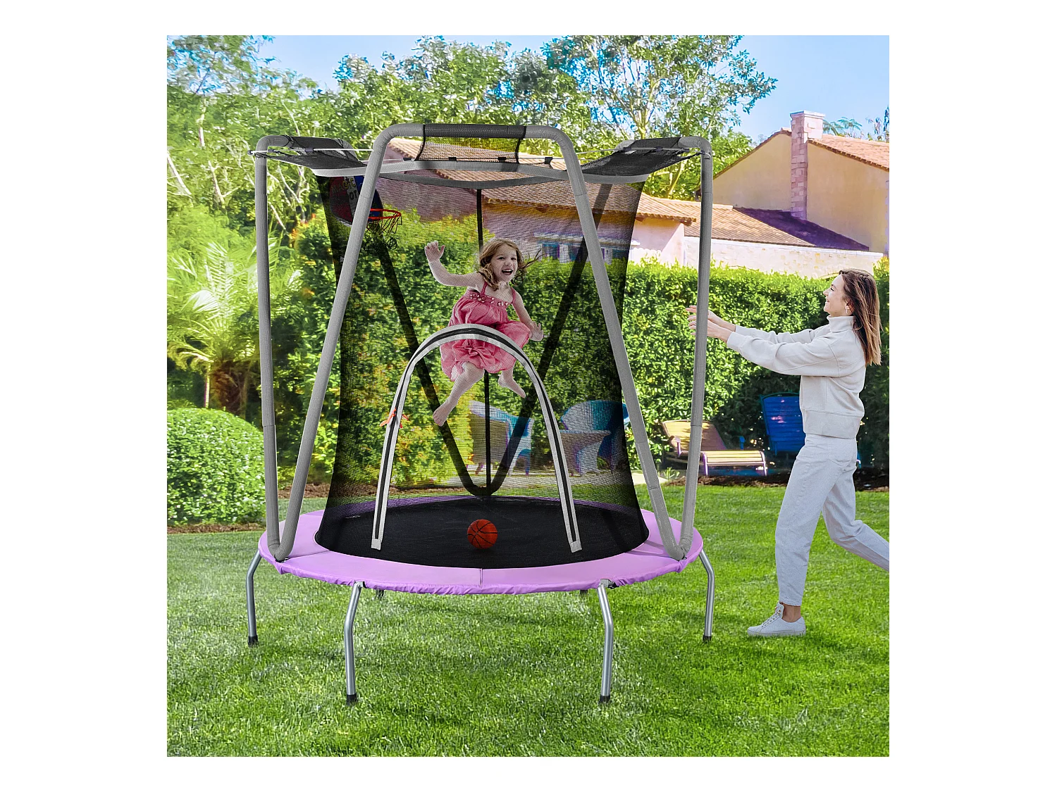 Zestaw trampolin okrągłych dla dzieci - 147 x 147 x 157 - wykonany z u stalowego - do użytku wewnątrz i na zewnątrz - szary