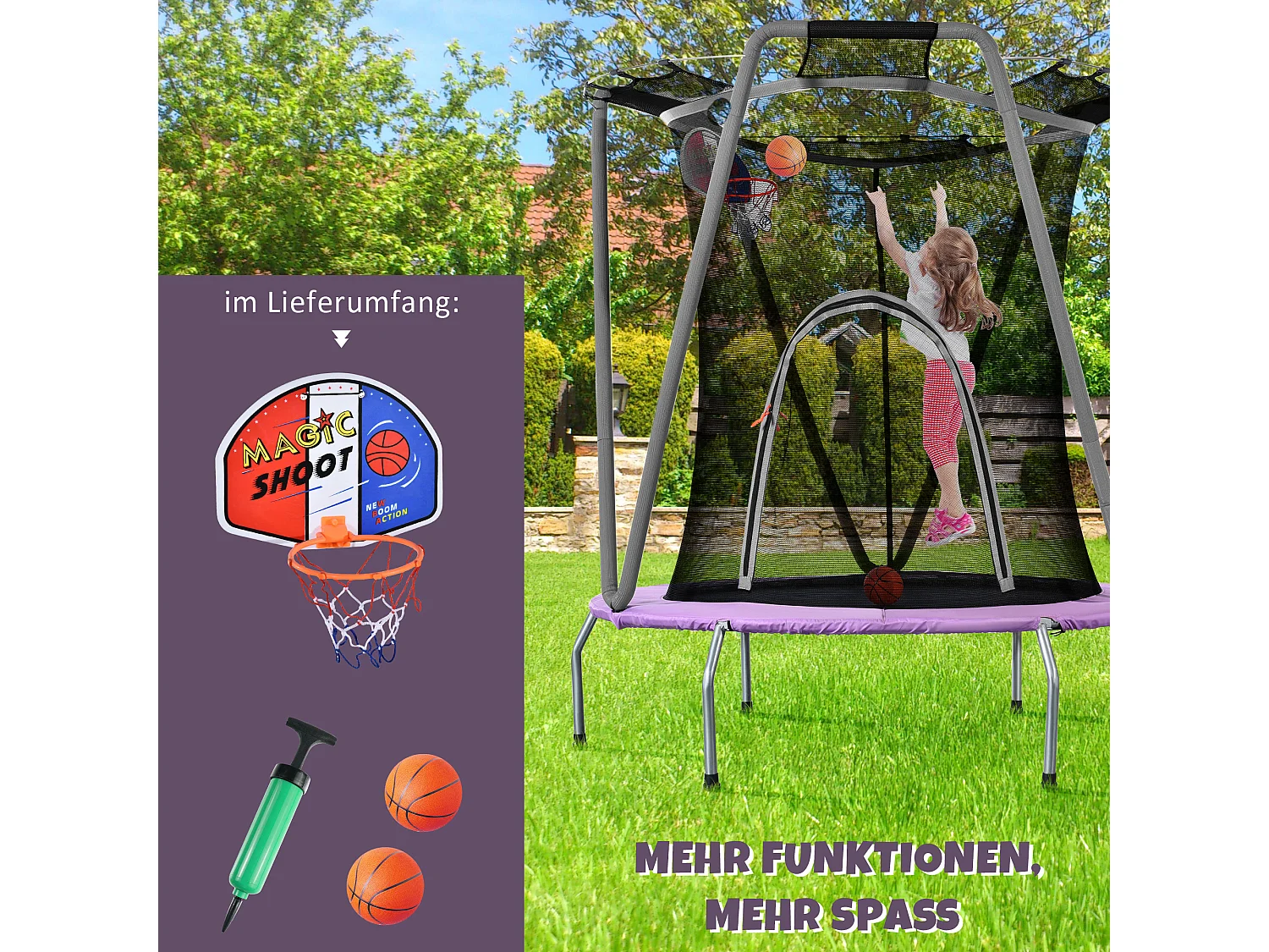 Ronde trampolineset voor kinderen - 147 x 147 x 157 - gemaakt van staal - voor binnen en buiten - grijs