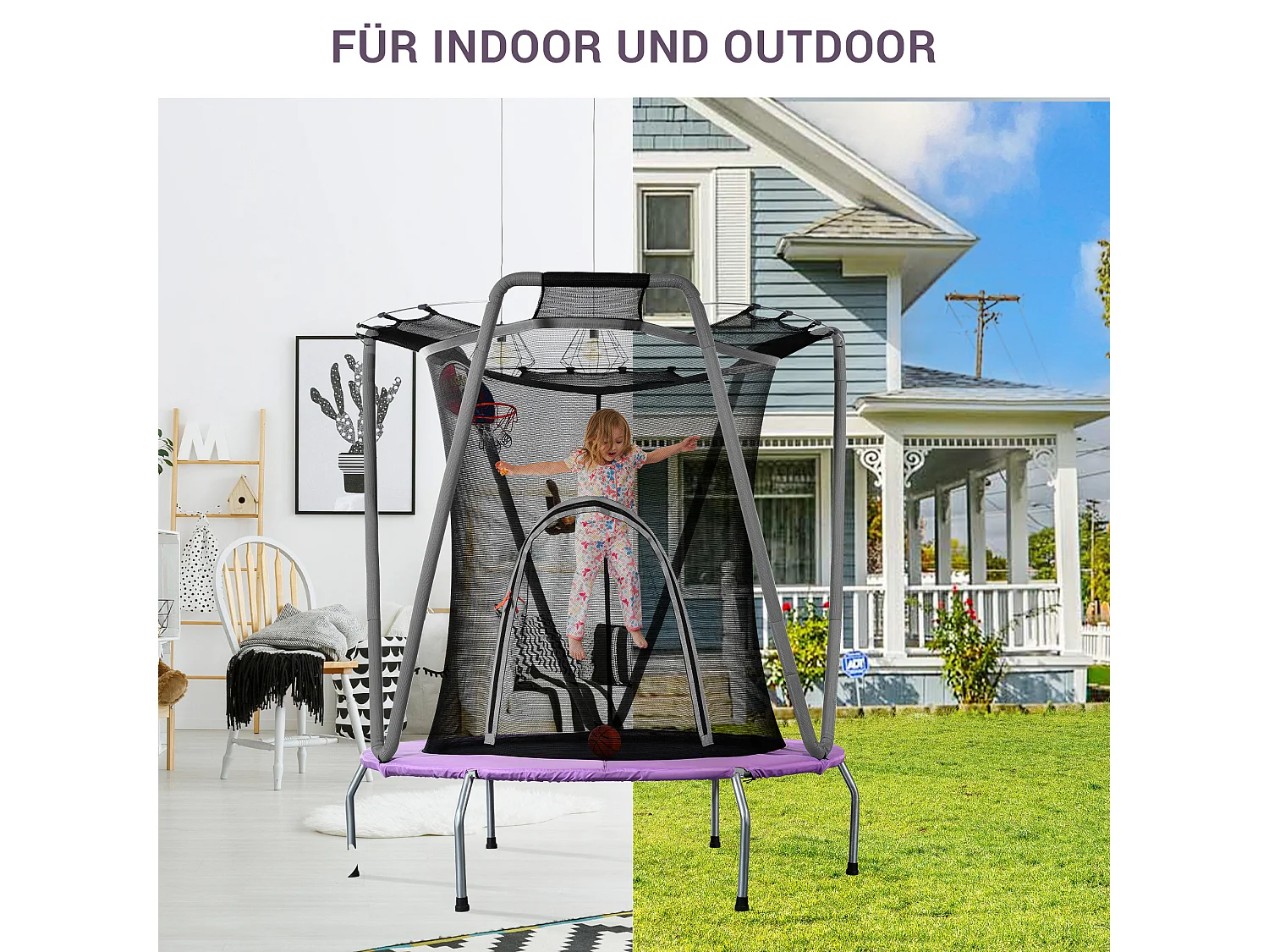 Ronde trampolineset voor kinderen - 147 x 147 x 157 - gemaakt van staal - voor binnen en buiten - grijs