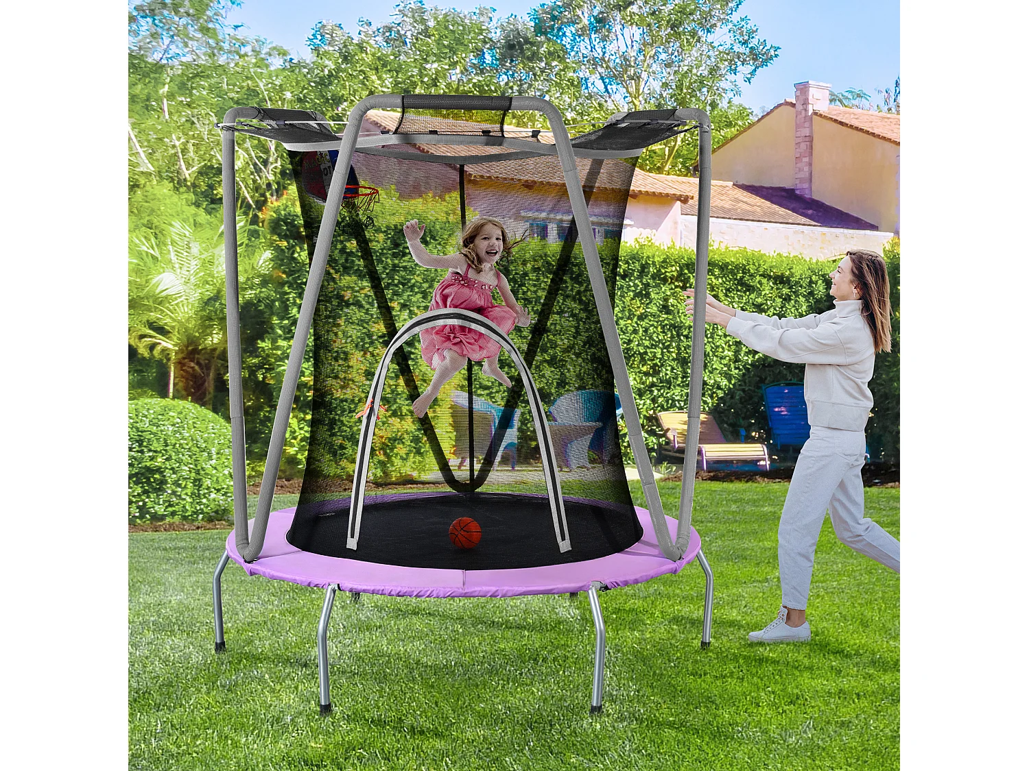 Ronde trampolineset voor kinderen - 147 x 147 x 157 - gemaakt van staal - voor binnen en buiten - grijs