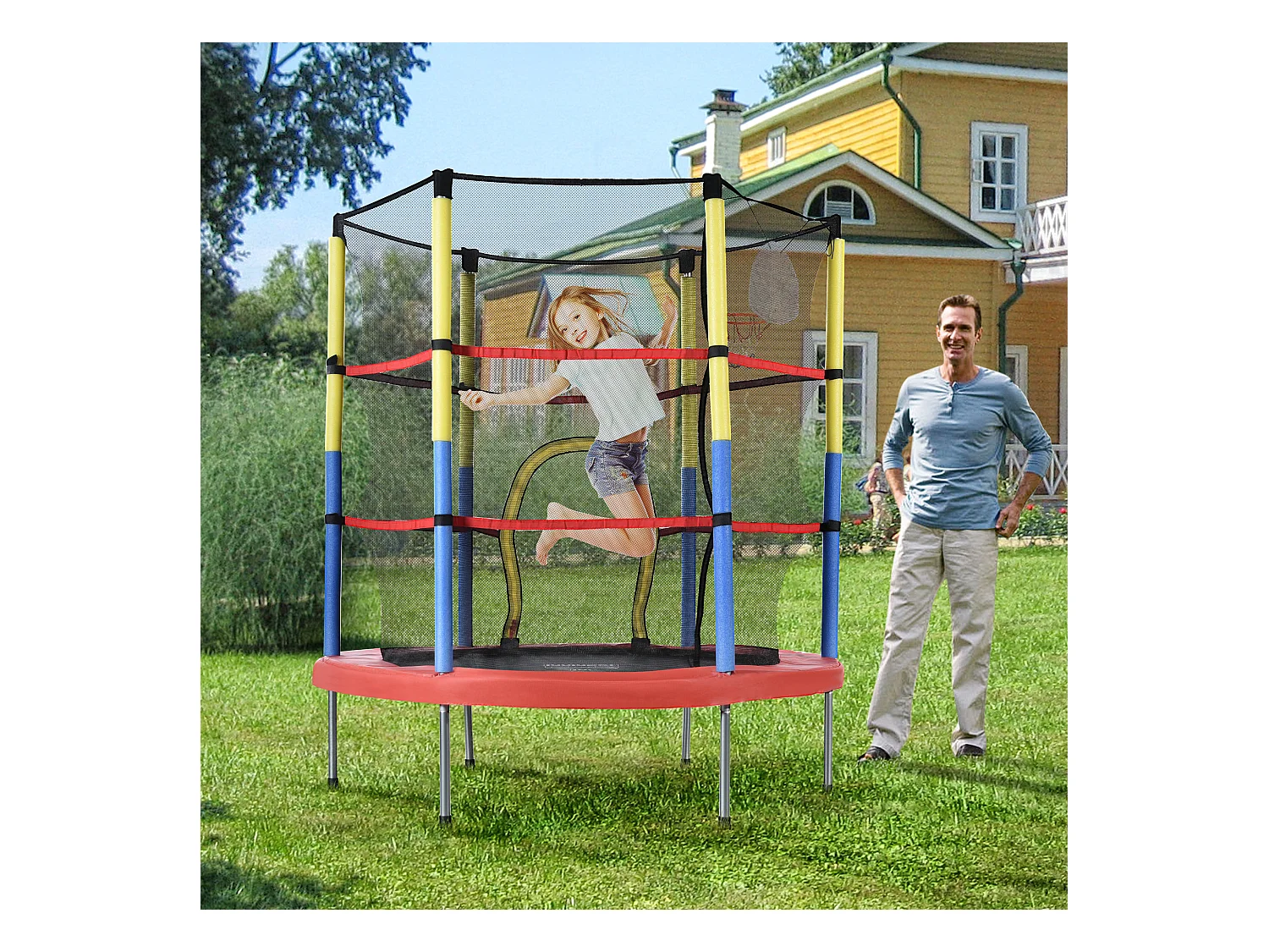 Zestaw trampolin okrągłych dla dzieci - 140 x 140 x 164 - wykonany z u stalowego - z koszem do koszykówki - czerwony