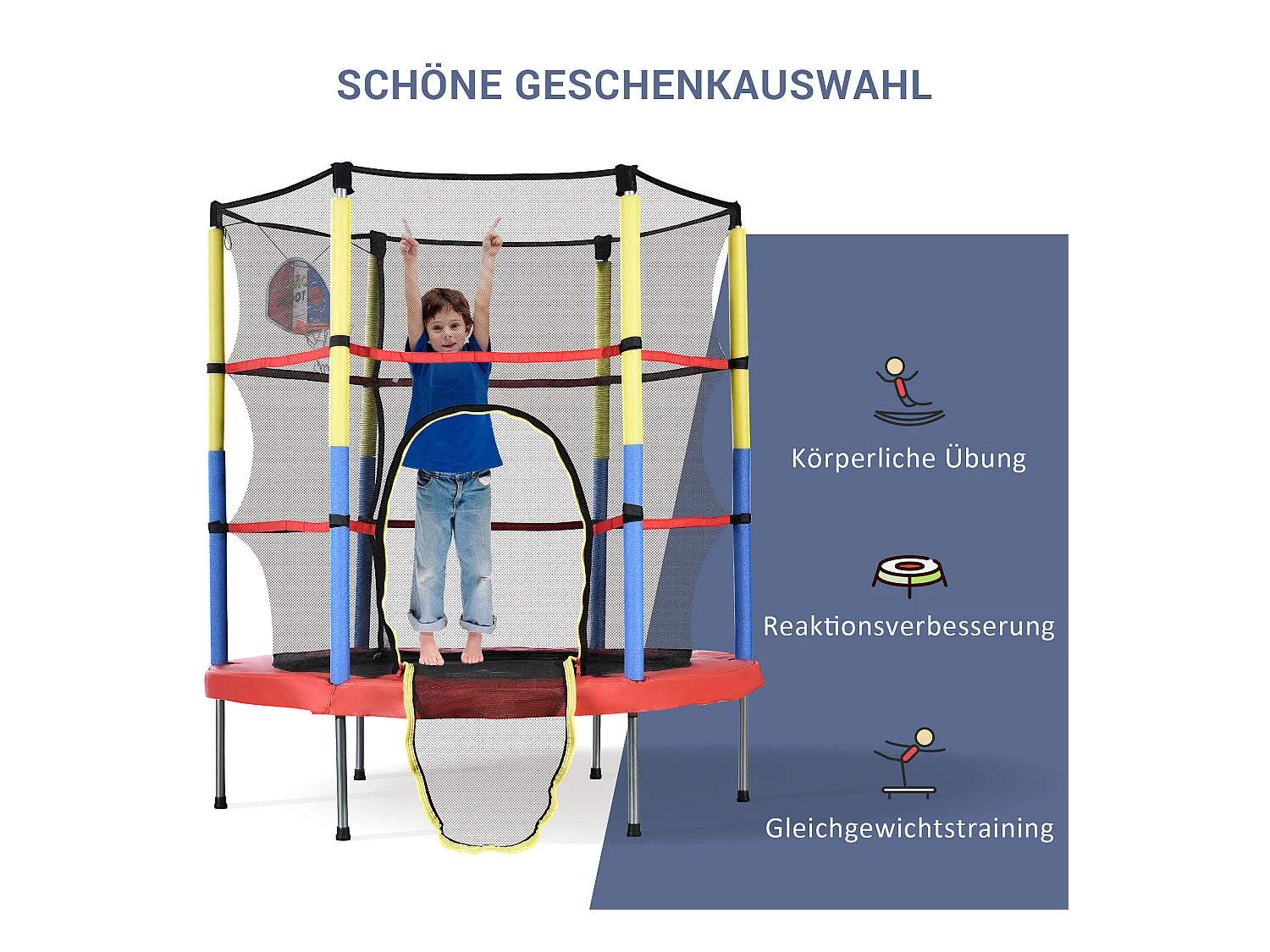 Zestaw trampolin okrągłych dla dzieci - 140 x 140 x 164 - wykonany z u stalowego - z koszem do koszykówki - czerwony