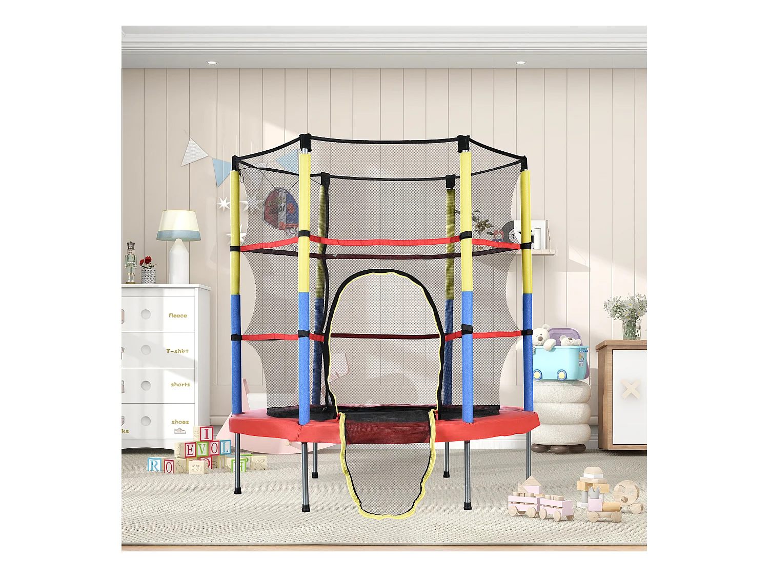 Zestaw trampolin okrągłych dla dzieci - 140 x 140 x 164 - wykonany z u stalowego - z koszem do koszykówki - czerwony