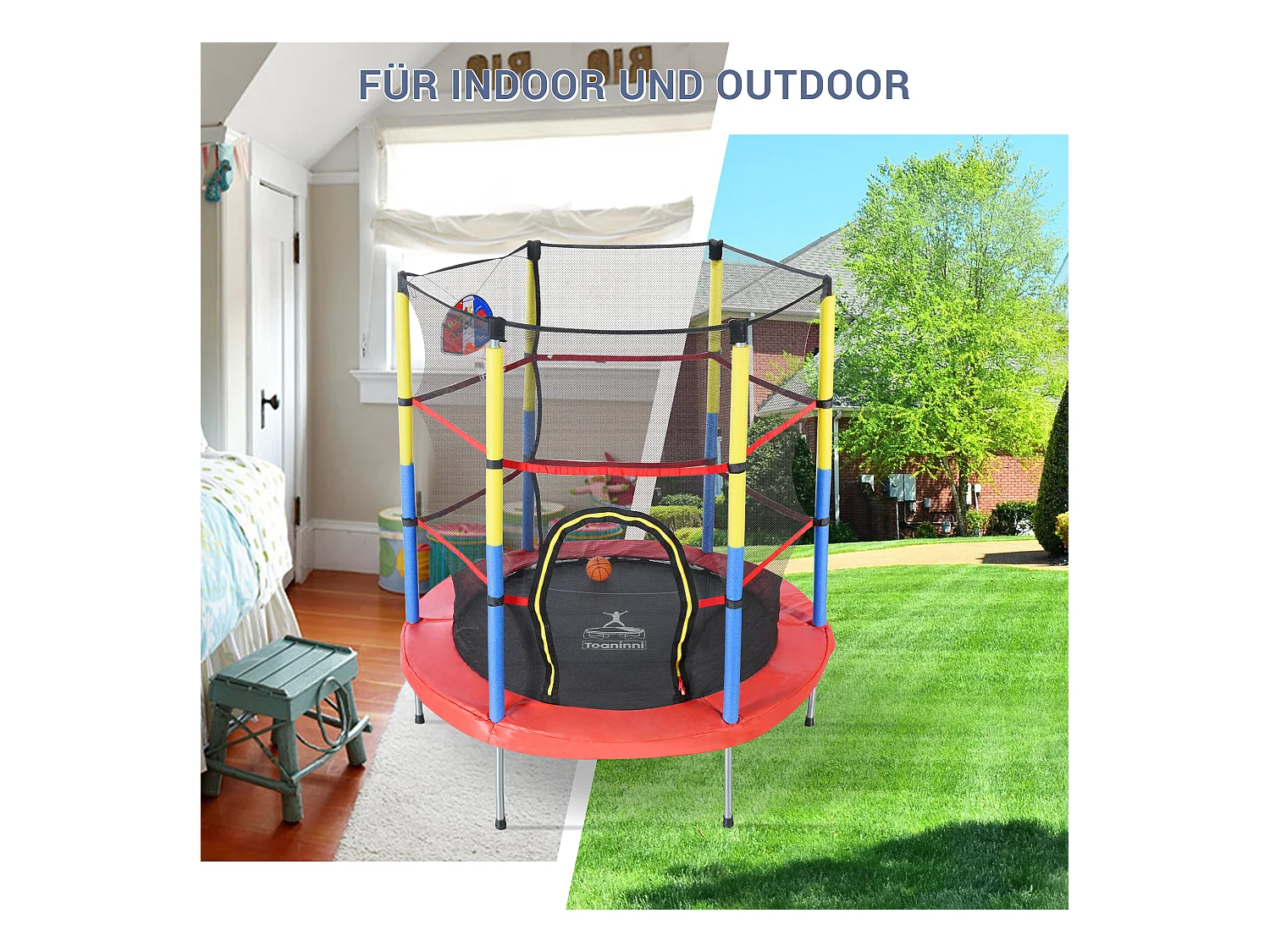 Zestaw trampolin okrągłych dla dzieci - 140 x 140 x 164 - wykonany z u stalowego - z koszem do koszykówki - czerwony