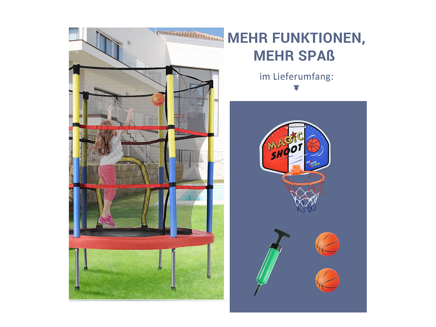 Zestaw trampolin okrągłych dla dzieci - 140 x 140 x 164 - wykonany z u stalowego - z koszem do koszykówki - czerwony