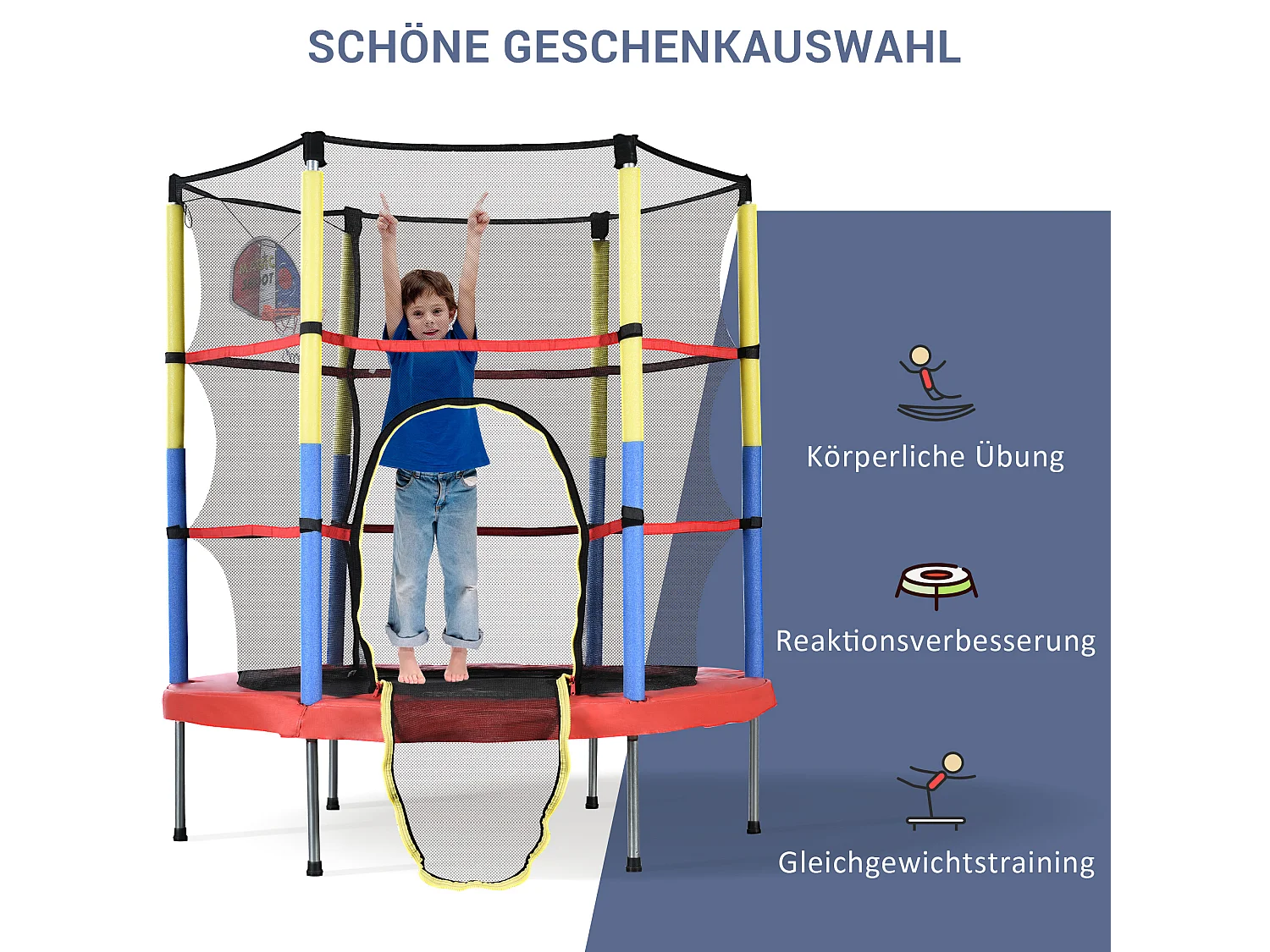 Juego de cama elástica redonda para niños - 140 x 140 x 164 - de acero - con aro de baloncesto - rojo