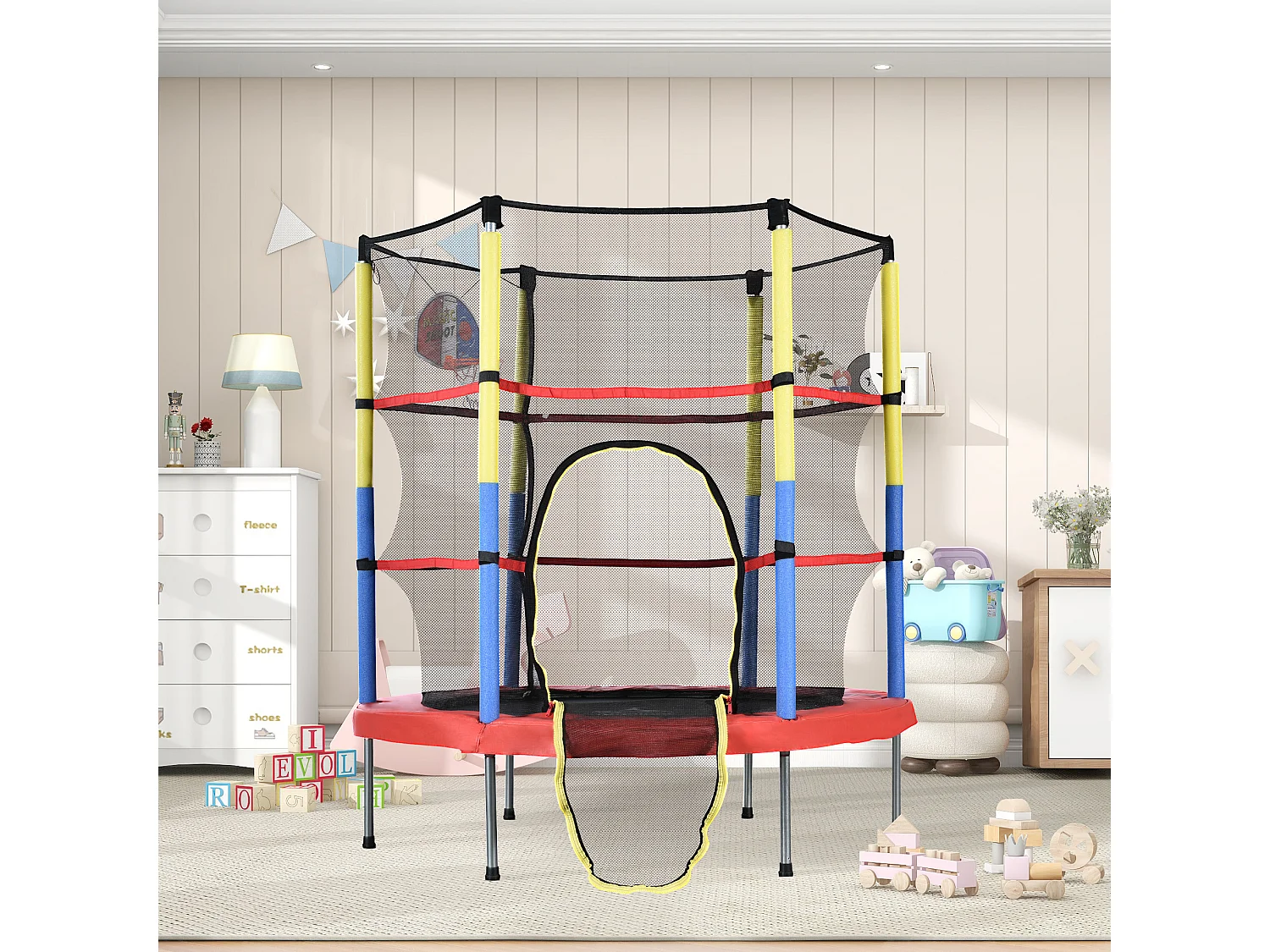 Juego de cama elástica redonda para niños - 140 x 140 x 164 - de acero - con aro de baloncesto - rojo