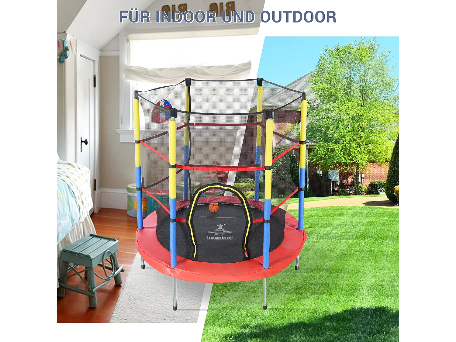 Juego de cama elástica redonda para niños - 140 x 140 x 164 - de acero - con aro de baloncesto - rojo