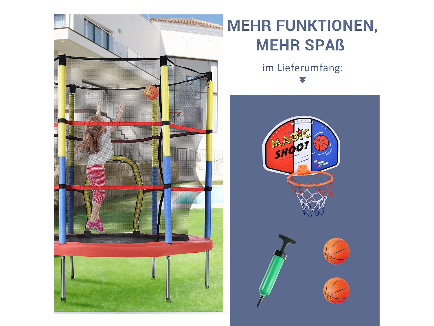 Juego de cama elástica redonda para niños - 140 x 140 x 164 - de acero - con aro de baloncesto - rojo