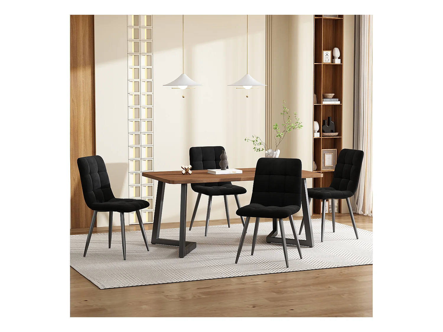 Ensemble table + 4 chaises -140×80×75cm, MDF+métal+velours, noir+noyer
