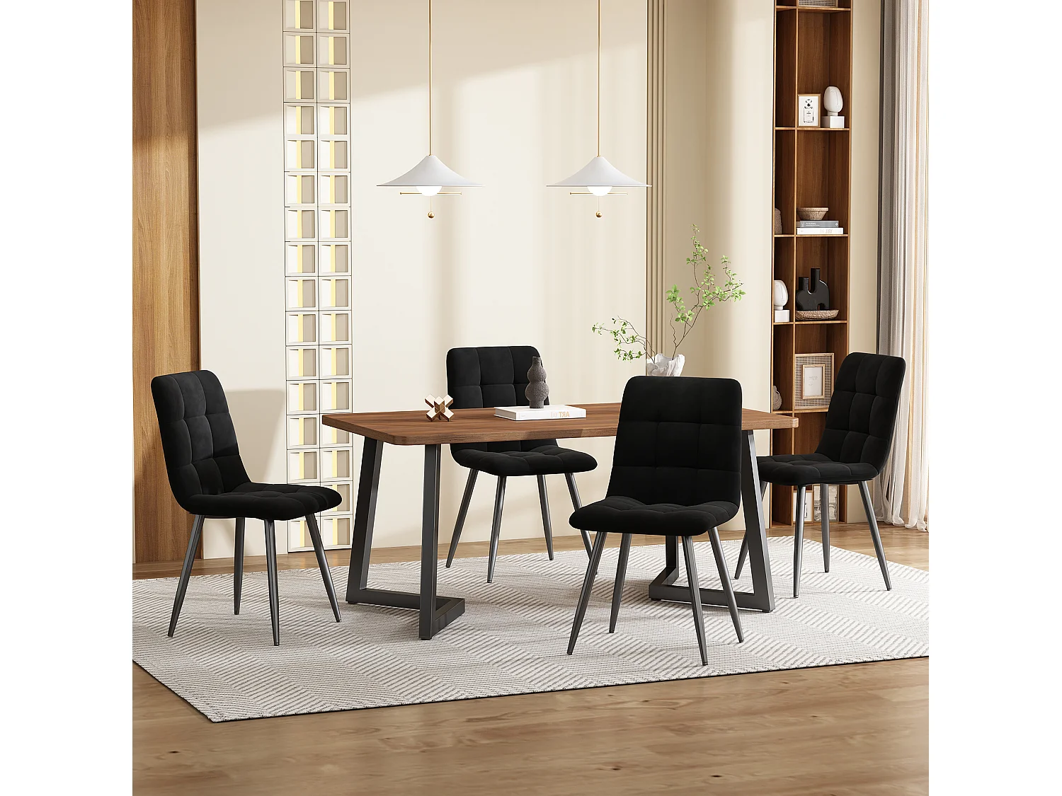 Ensemble table + 4 chaises -140×80×75cm, MDF+métal+velours, noir+noyer