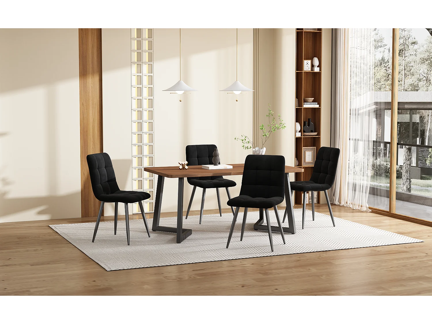 Ensemble table + 4 chaises -140×80×75cm, MDF+métal+velours, noir+noyer