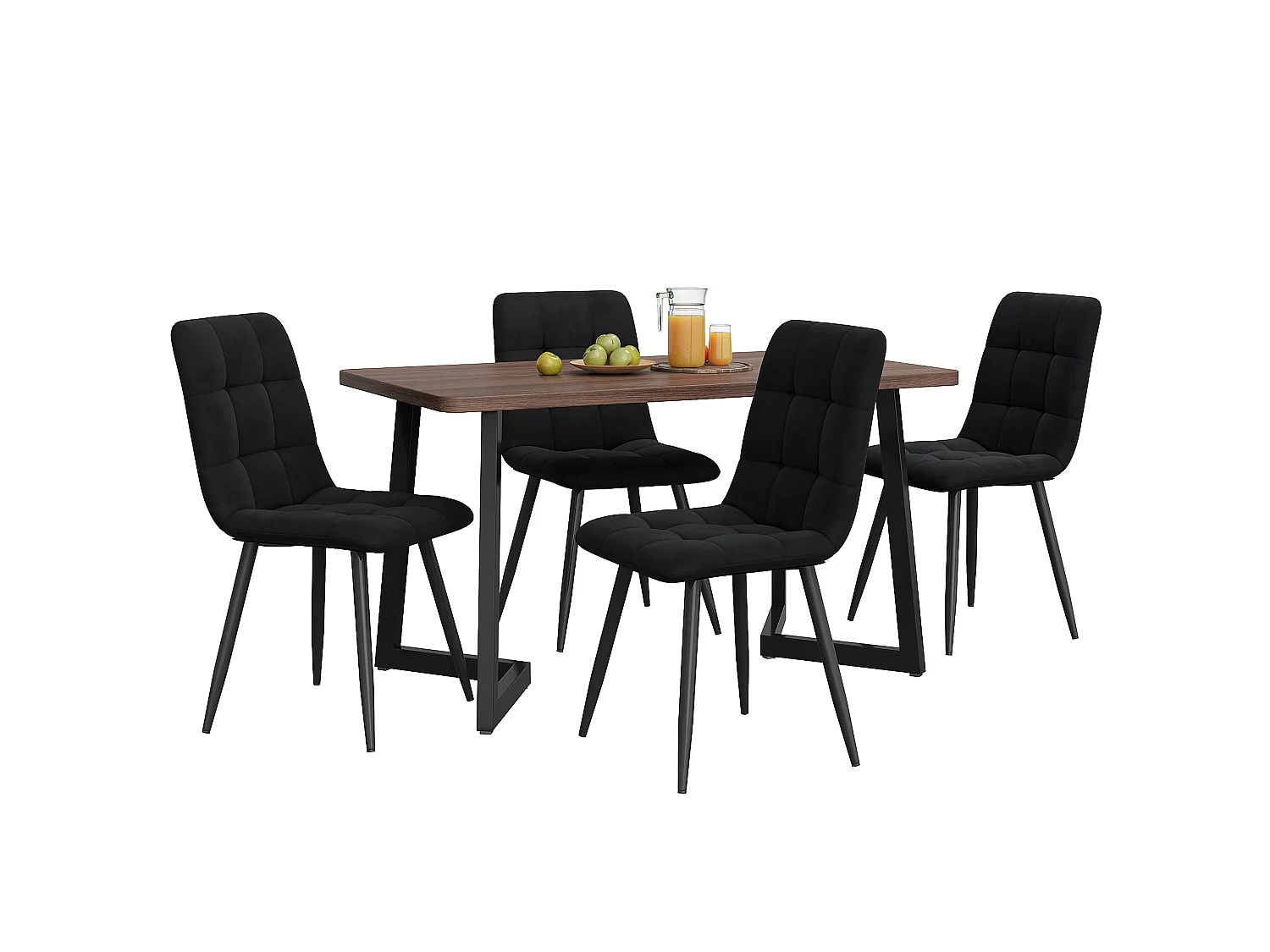 Esszimmerset, Tisch 117×68×75cm mit 4 Stühlen, MDF+Metall+Samt, Schwarz+Walnuss