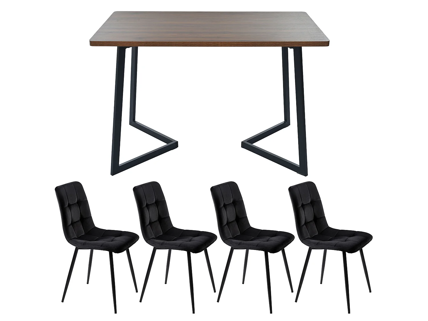 Esszimmerset, Tisch 117×68×75cm mit 4 Stühlen, MDF+Metall+Samt, Schwarz+Walnuss