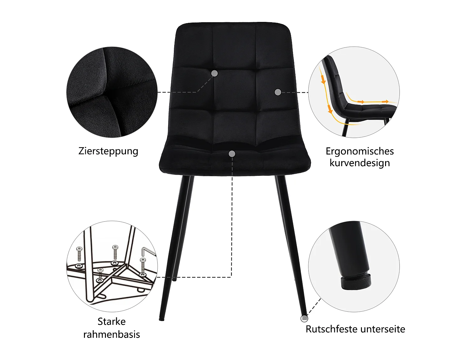 Esszimmerset, Tisch 117×68×75cm mit 4 Stühlen, MDF+Metall+Samt, Schwarz+Walnuss