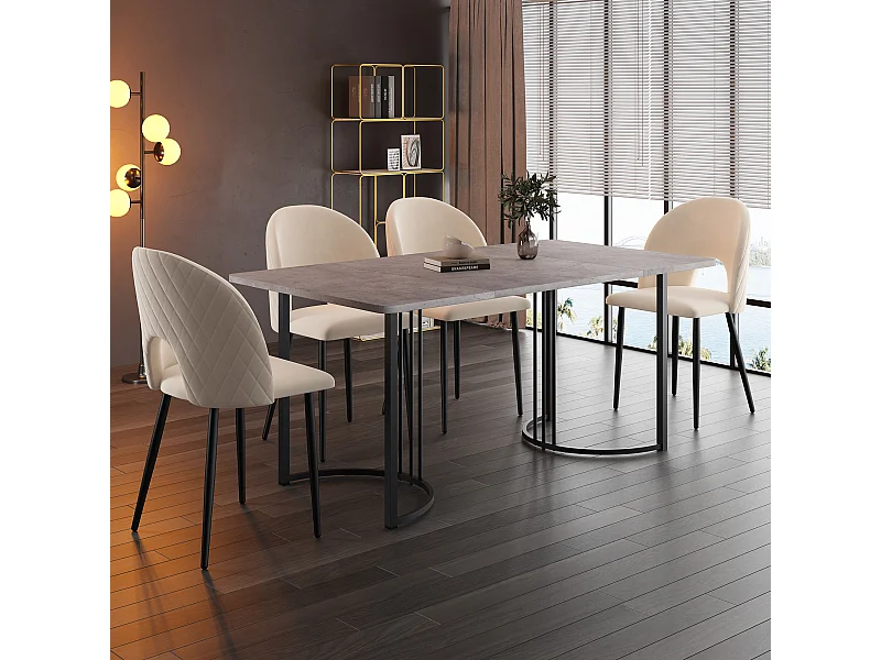 Eetkamerset, tafel 140×80×75 cm met 4 stoelen met verstelbare poten, MDF+metaal+fluweel, zwart+grijs+beige