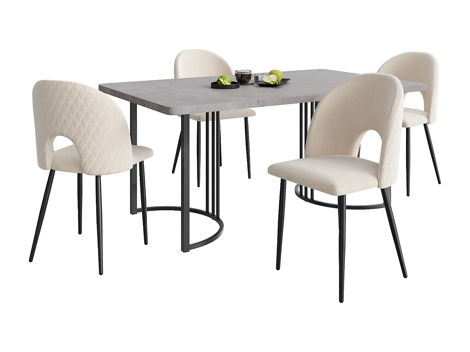 Ensemble table + 4 chaises -140×80×75cm, MDF+ pieds réglables en métal+velours, noir+gris+beige