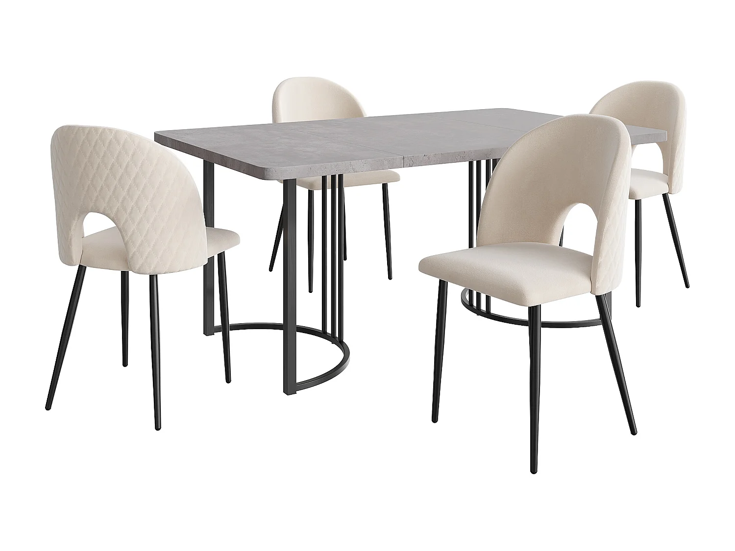 Ensemble table + 4 chaises -140×80×75cm, MDF+ pieds réglables en métal+velours, noir+gris+beige