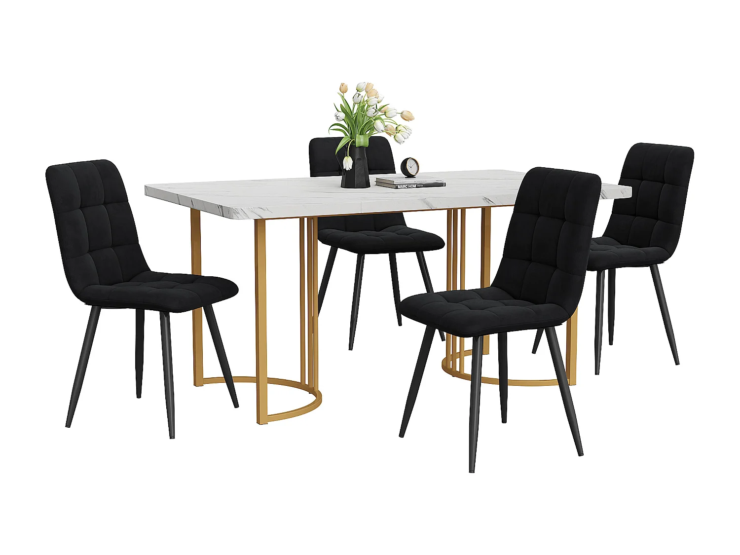 Eetkamerset, tafel 140×80×75 cm met 4 stoelen, MDF+metaal+fluweel, goud+wit+zwart
