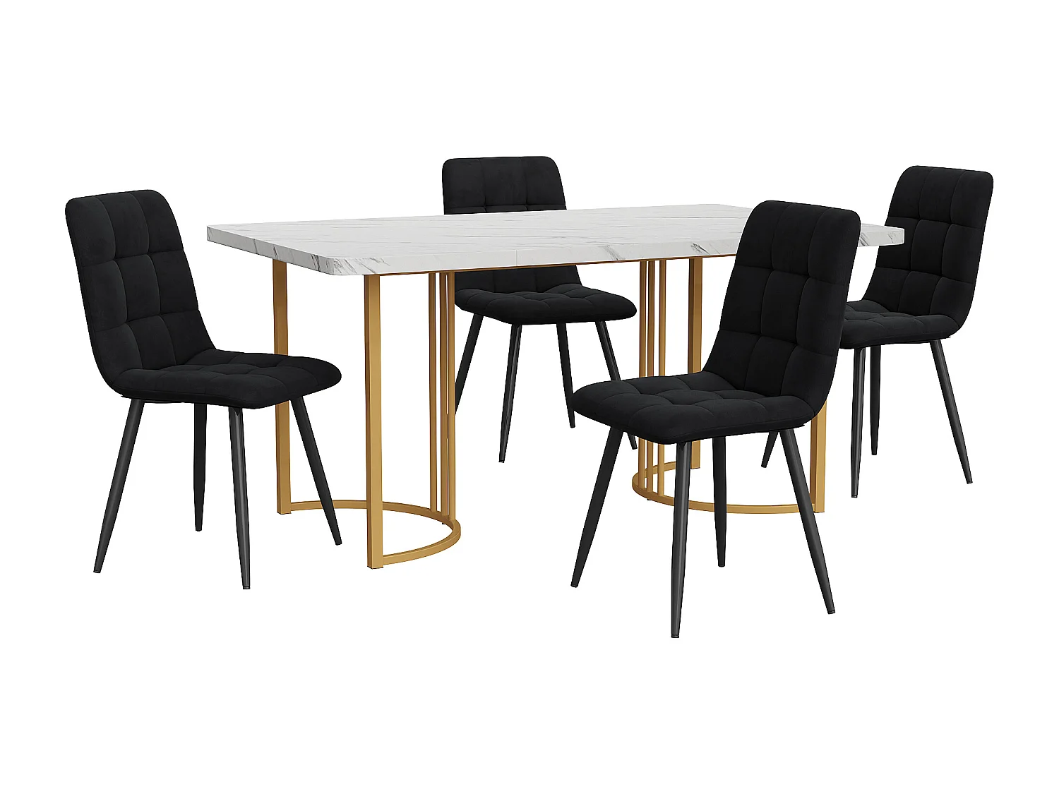 Eetkamerset, tafel 140×80×75 cm met 4 stoelen, MDF+metaal+fluweel, goud+wit+zwart