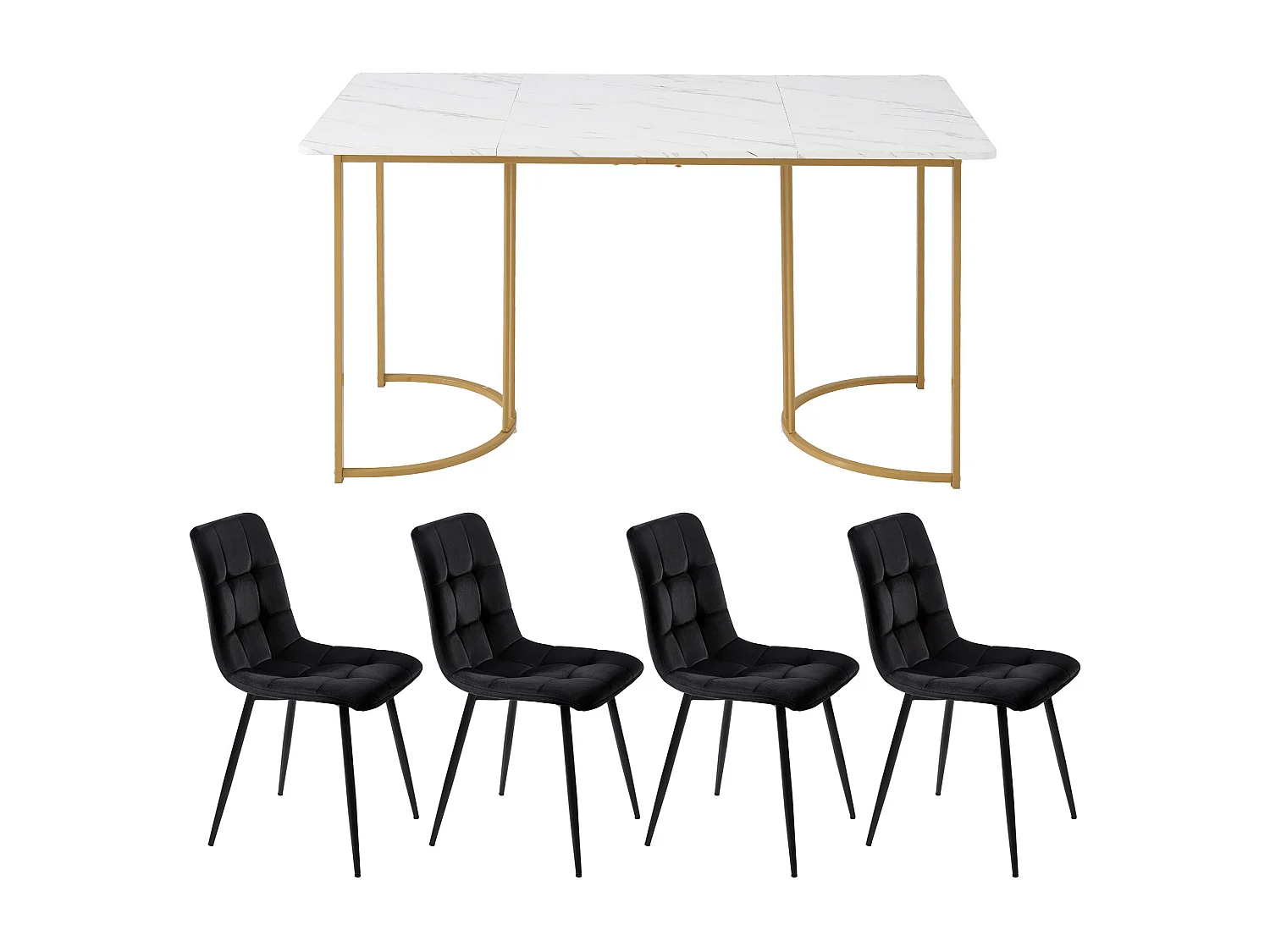Ensemble table + 4 chaises -140×80×75cm, MDF+métal+velours, doré+blanc+noir