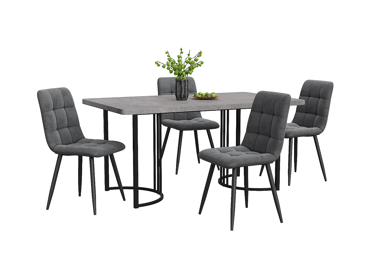 Ensemble table + 4 chaises -140×80×75cm, MDF+métal+velours, noir+gris+gris foncé