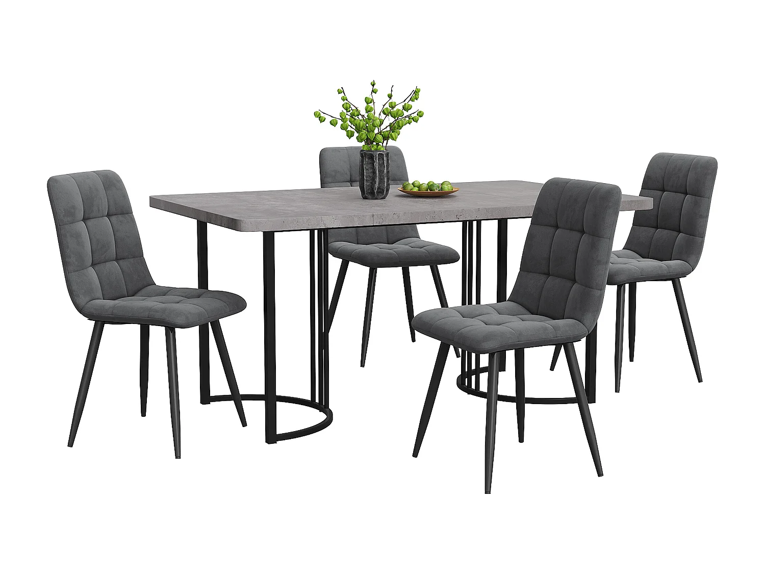 Ensemble table + 4 chaises -140×80×75cm, MDF+métal+velours, noir+gris+gris foncé